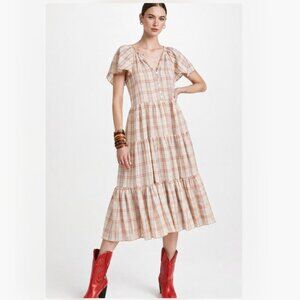 The Great. The Iris Cotton Linen Midi Dress in Washed Rose Plaid